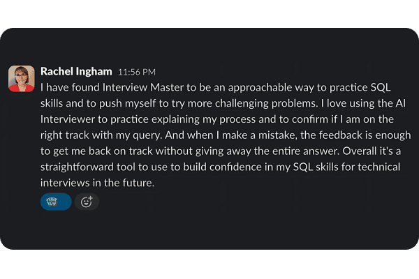 Testimonial from Rachel Ingham, Data Analyst at Shopify